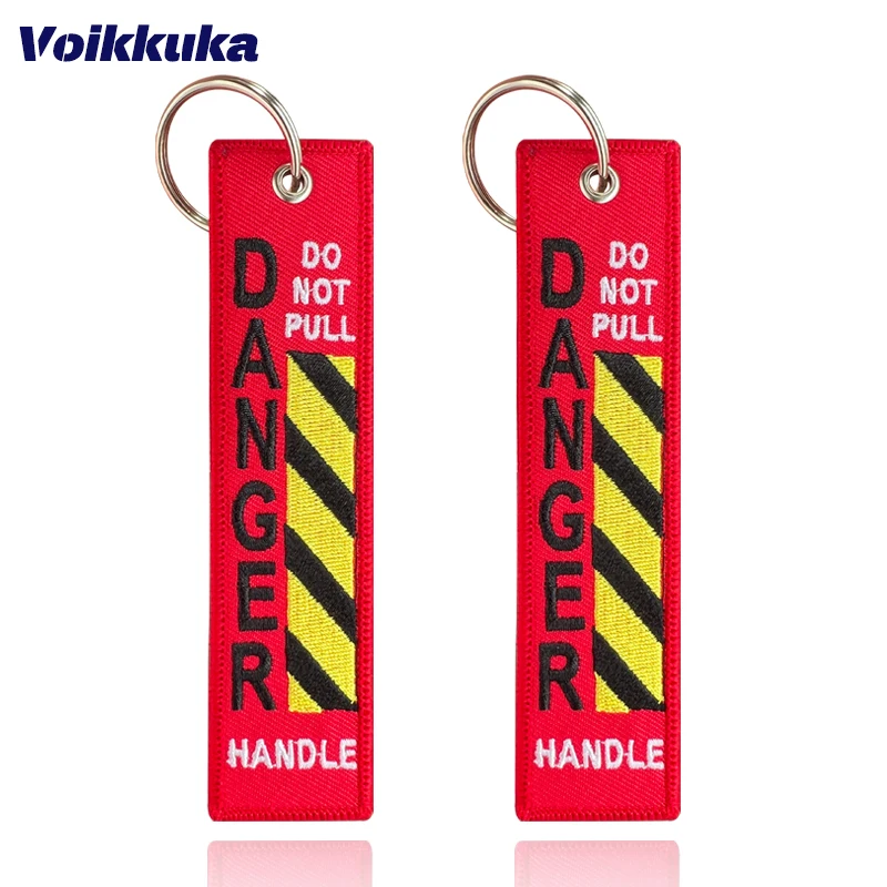 1PC 2PCS 3PCS Set Sale Both Sides Embroidery Do Not Pull Danger Warning Line Red Tag Motorcycle Aviation Keychain Bag Accesorios