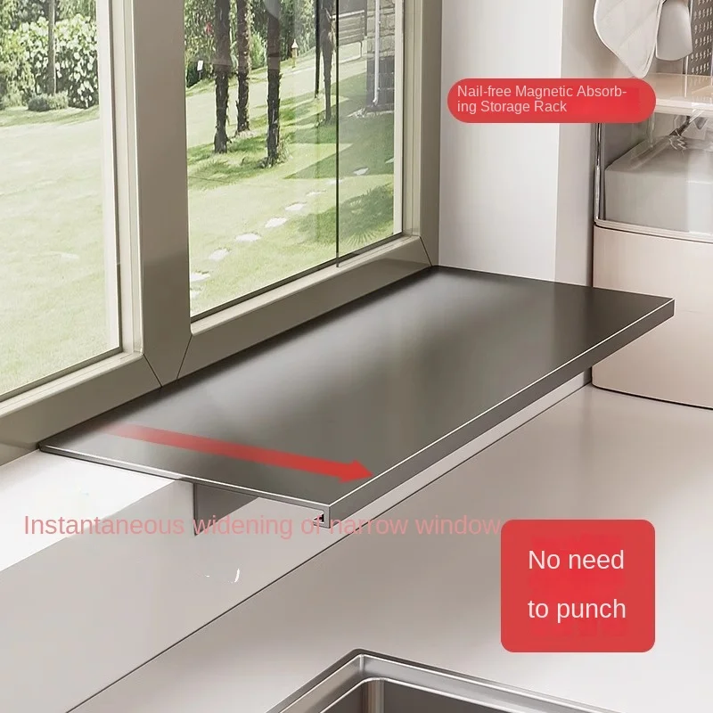 

Innovative Kitchen Storage Solution - Widened Magnetic Window Shelf Extends Your Tabletop and Provides Extra Space