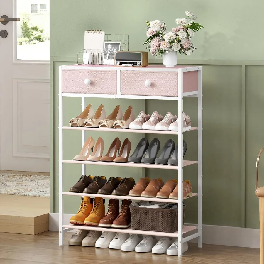 رف الأحذية منظم الأحذية 5 طبقات مع درجين تخزين الأحذية المعدنية لمدة 1620 زوجًا من الأحذية مع أرفف قماشية وسطح خشبي Na