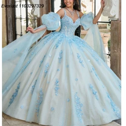 EVLAST Customized Shiny Blue Quinceanera Dress Ball Gown 3D Floral Applique Beading Crystal Sweet 16 Vestido De 15 Anos TQD448