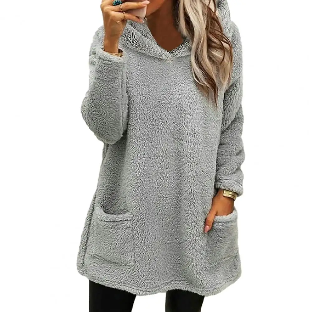 

Solid Color Women Hoodie Cozy Mid-length Women's Hoodie with Double-sided Plush Soft Warmth Pockets for Fall Winter Women