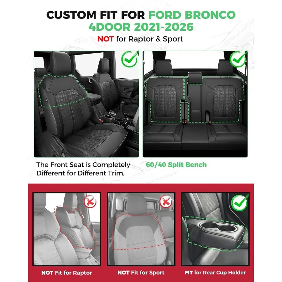 ل برونكو مقعد يغطي 4 باب 2021 2022 2023 2024 2025 2026 مخصص صالح الجلود غطاء مقعد السيارة مجموعة كاملة فاخرة مقاوم للماء SUV I #2