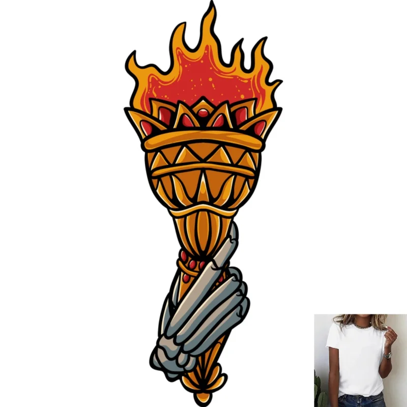 Retro Trendy Skeleton Hand Torch Heat Transfer White Ink Iron - on Patch, Versatile for T - Shirts & Canvas Bags, Casual Street