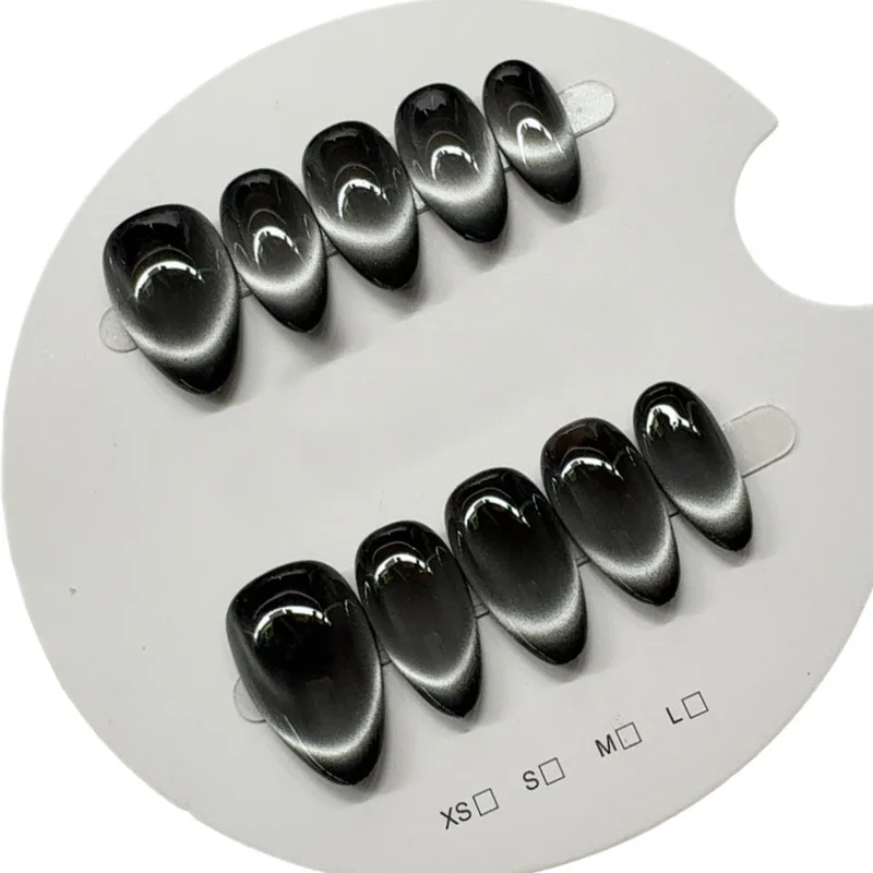 10pcs Handmade Press on Nail Art Classic Black Almond Glitter Cat-Eye False Nail for Women&Girl Detachable Wearable Nail Art