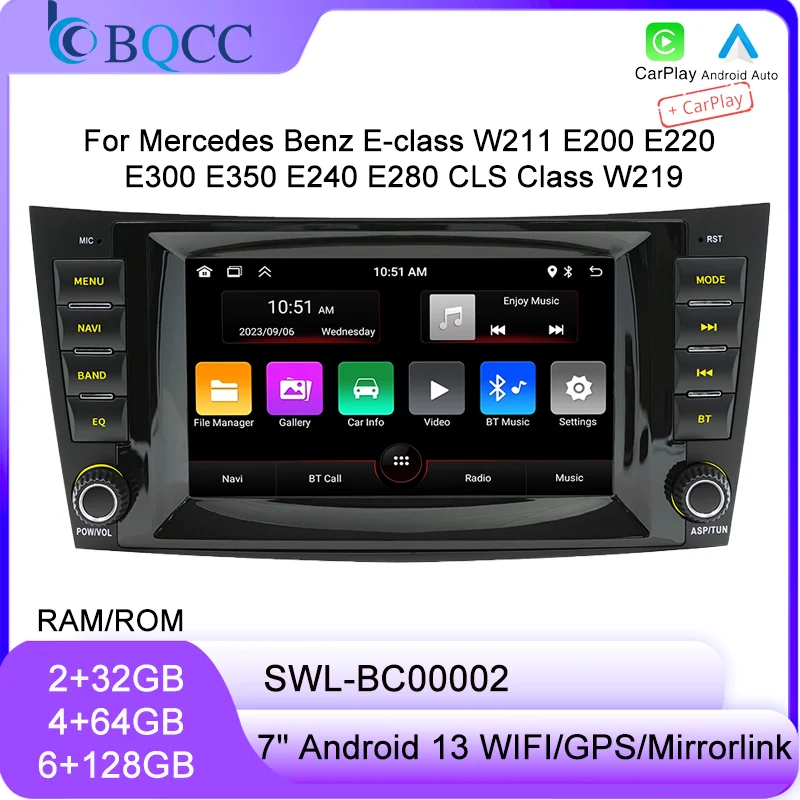 

BQCC For Mercedes Benz E-class W211 E200 E220 E300 E350 E240 E280 CLS Class W219 7" Car Player Mirrorlink RDS Wireless Carplay