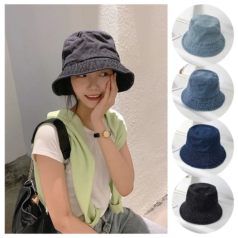 Unisex Cotton Bucket Hats Women Summer Sunscreen Panama Hat Men Denim Fabric Sunbonnet Outdoor Fisherman Hat Beach Cap