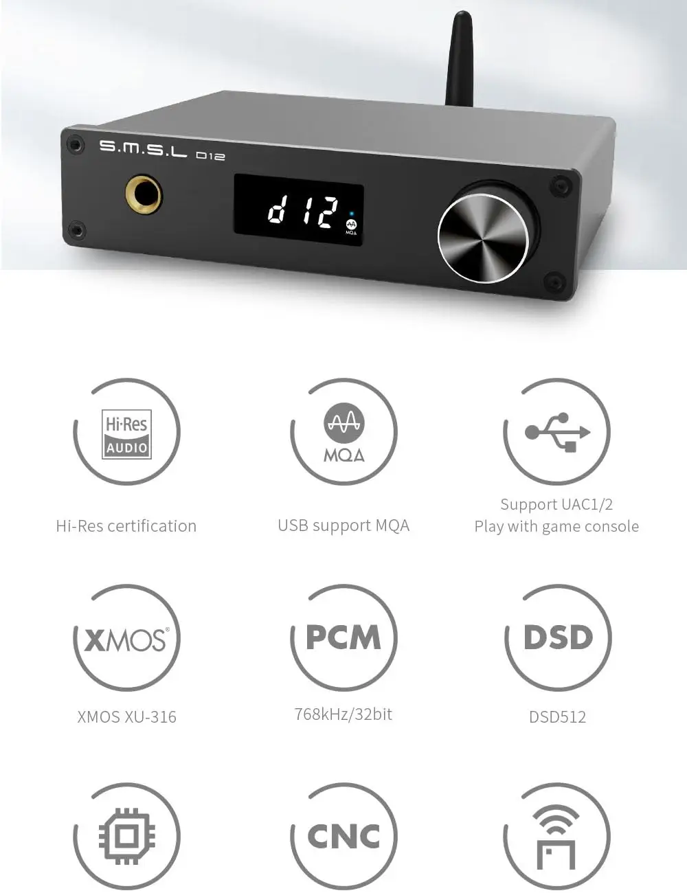 Imagem -04 - Amplificador de Auscultadores Usb Dac de Alta Resolução Smsl D12 Ak4473s Chip Bluetooth 5.0 32-bit 768khz para Ps5 Suporte a Switch Mqa