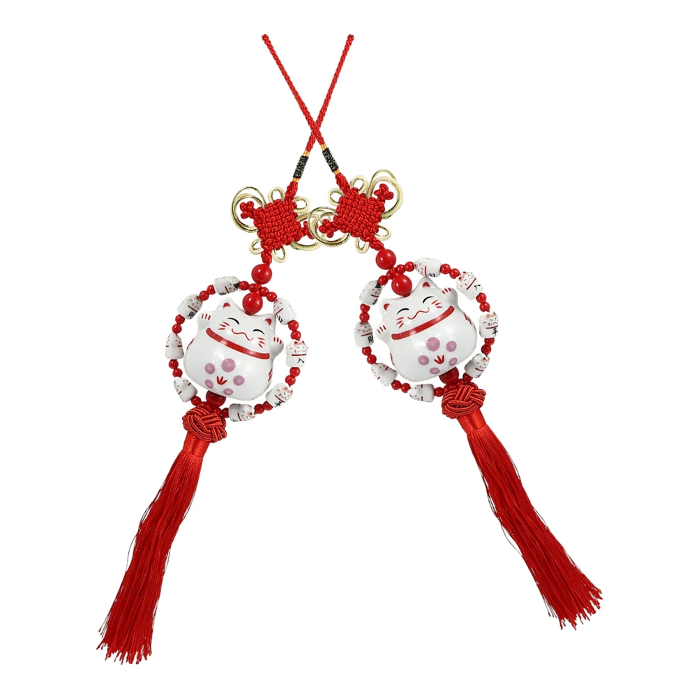 

Cat Car Mirror Hanging Porcelain Kitten Red Feng Shui Chinese Knot Tassel Charm Car Interior Decor Accessories