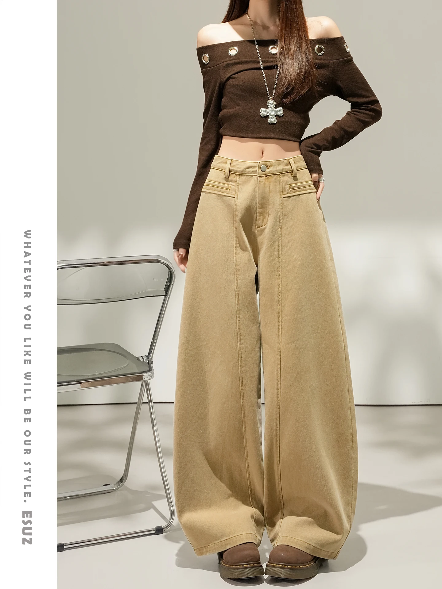 

Offcat High Waist Wide Leg Jeans Women's Early Spring New Style Autumn Winter Loose Fit Khaki Color Unique Design Sensation
