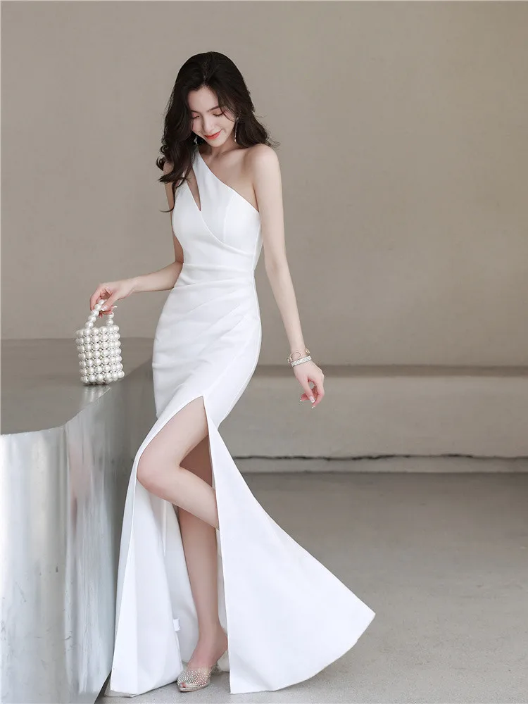 

White Evening Gown Luxury Design Women's New Sle 2024 Ele Single oulder Fi Tail Host Summer Faion Long Dr