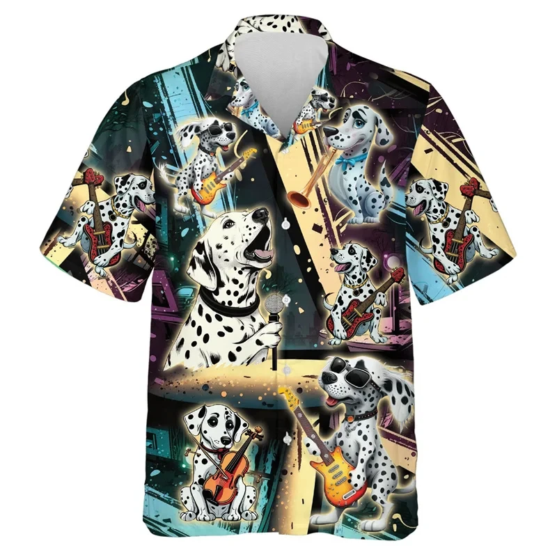 

3D Print Dogs Music Pattern Beach Shirts For Men Summer Short Sleeve Funny Pet Dog Graphic Single Button Shirts Men Aloha Shirts