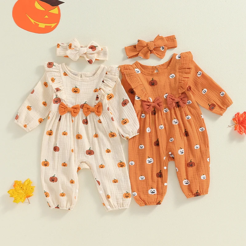 

Suefunskry Baby Girl 2Pcs Fall Outfits Ruffle Long Sleeve Pumpkin Print Jumpsuit with Headband Set Newborn Clothes