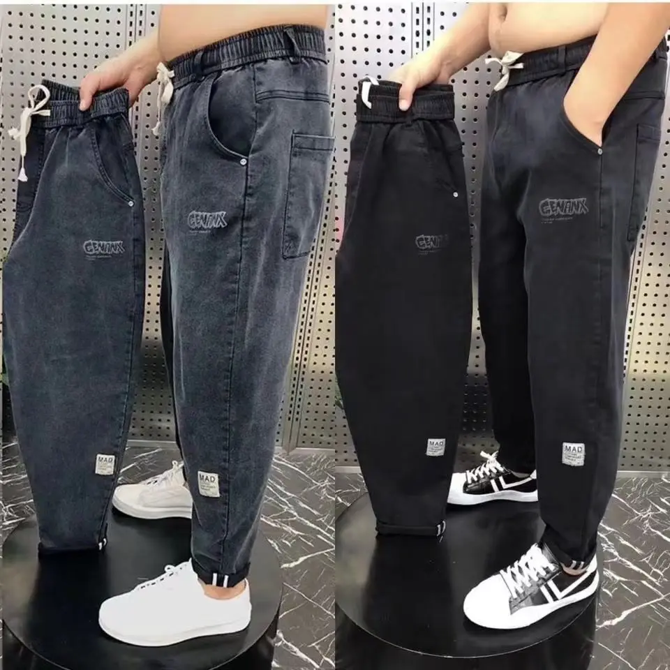 

Harajuku Stretch Korea Streetwear Loose Solid Denim Jeans Elastic Waist for Men Spring Summer New plus size 7XL 8XL Casual Pants