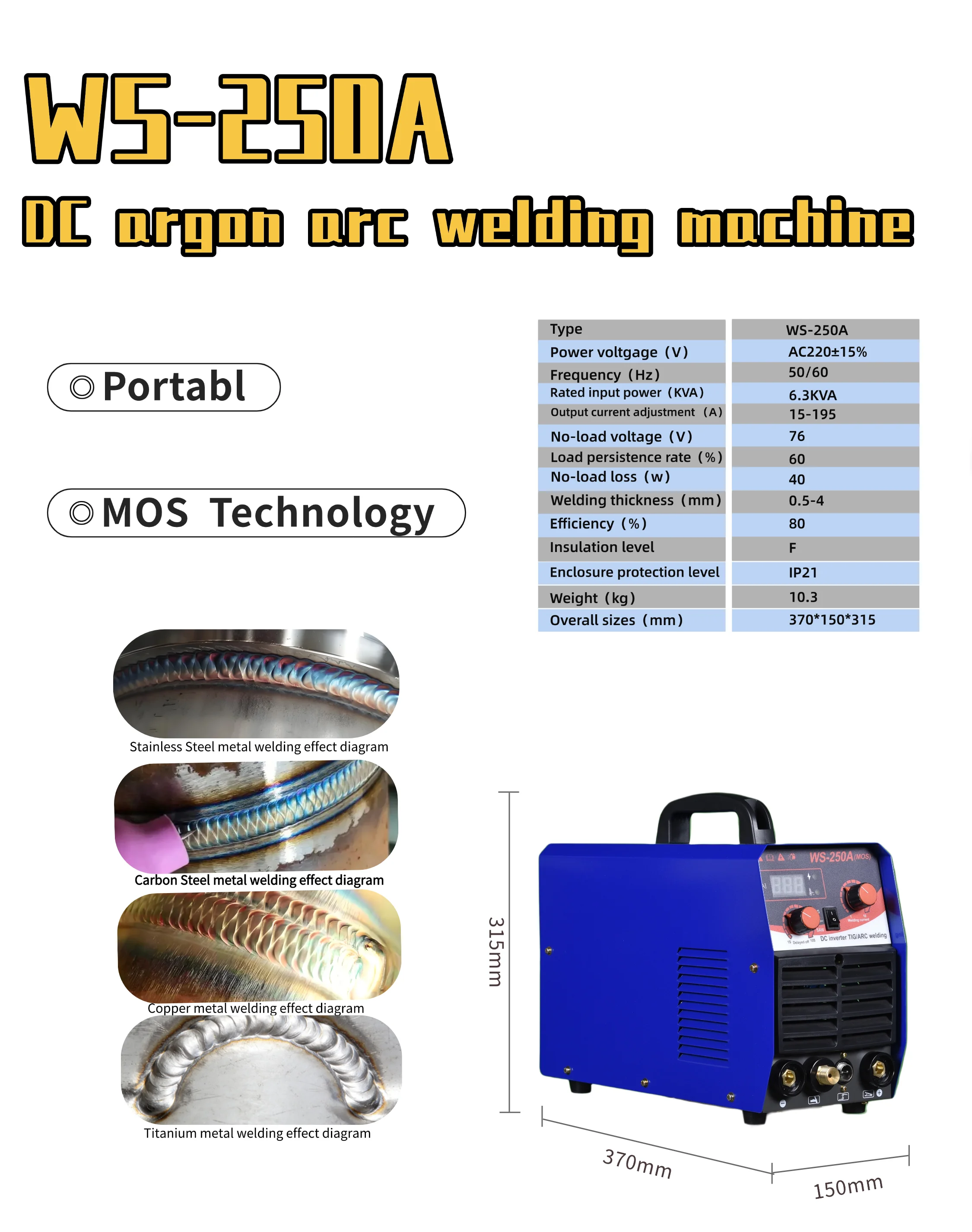Multi-function Argon Arc Welder Electric Welder Electric Weld Dual Metal Welding Equipment WS-250A DC Welding Machine
