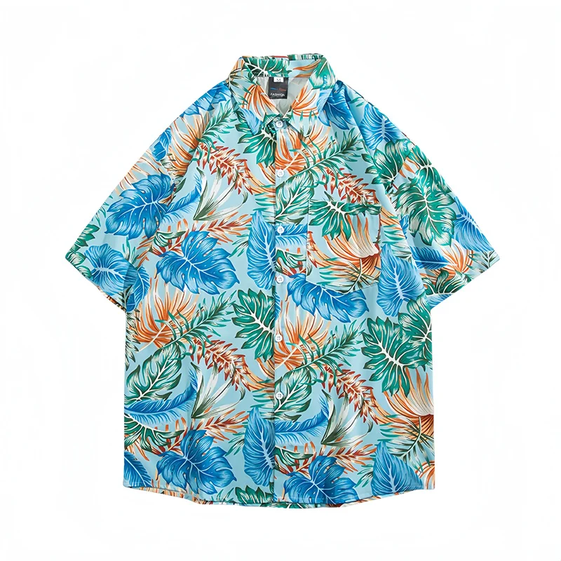 Men's Summer Seaside Vacation Short Sleeve Printed Shirt Loose Casual Handsome Versatile Top Retro Hawaiian Beach Floral Shirt