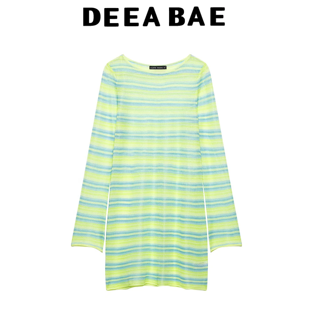 DEEABAE 2026 Sommer Neues Damen Casual Lockeres Gestreiftes Strick-Minikleid mit Langen Ärmeln und Rundhalsausschnitt