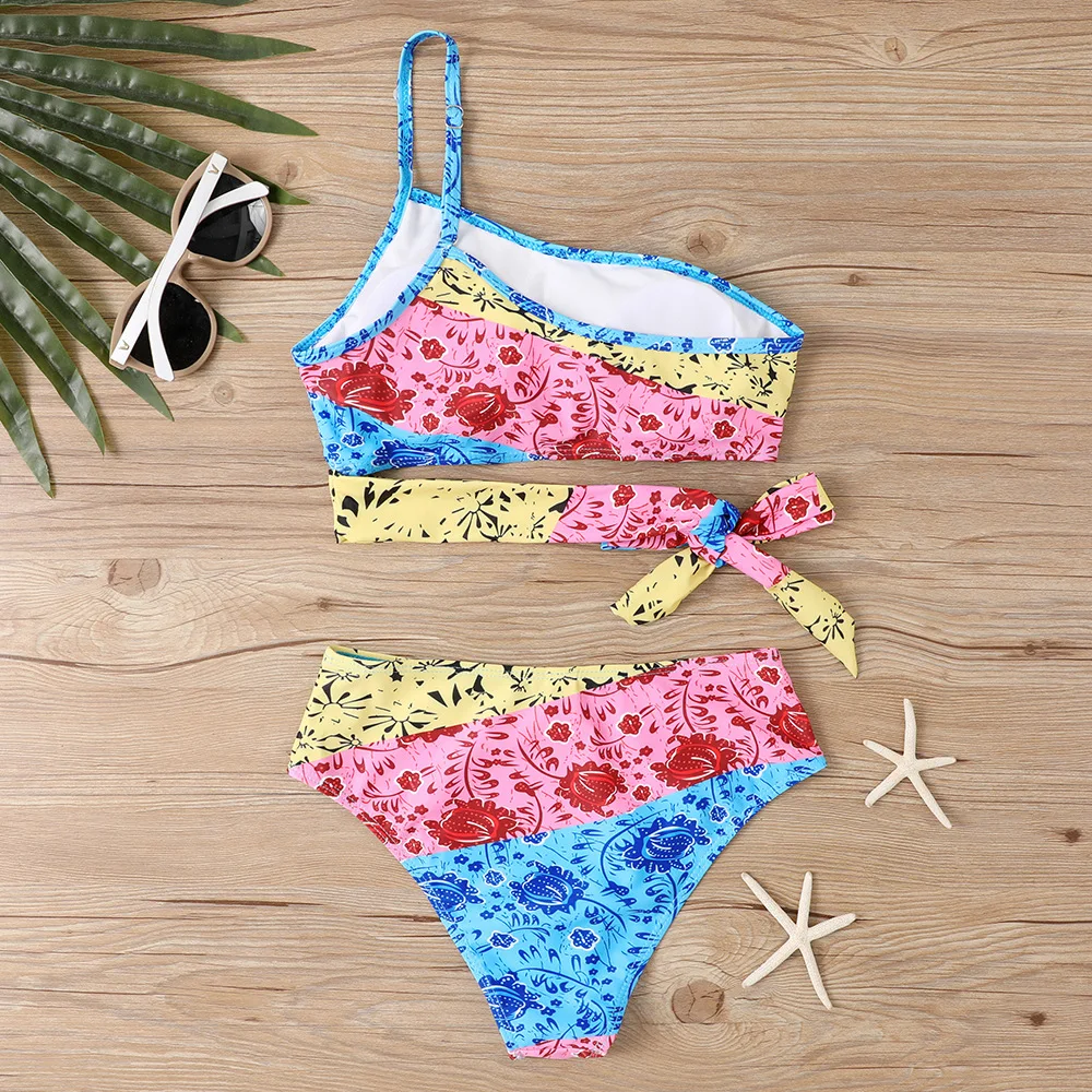 2025 Sexy Women High Waist Bottom & Supportive Top Summer One Shoulder Asymmetrical Two Piece Swimsuit Fashion Beach Panties Set