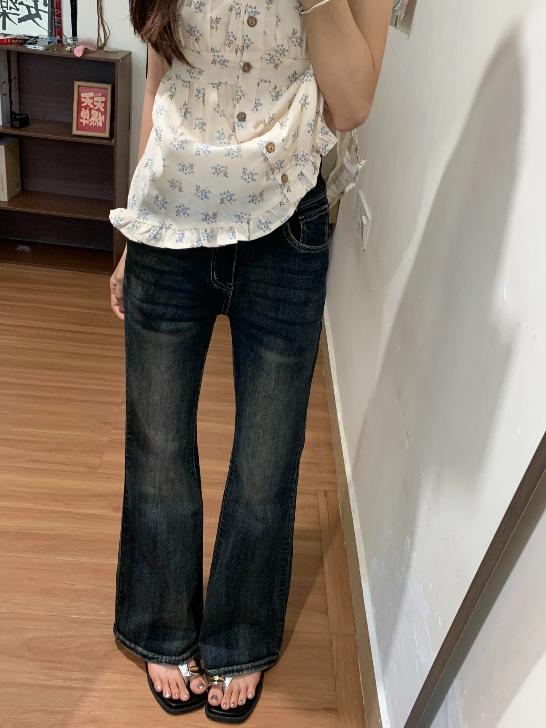 

High Waist Bell Bottom Denim Jeans Women's Summer Slimming Floor Length Double Buckle Retro American Style Elastic Jeans