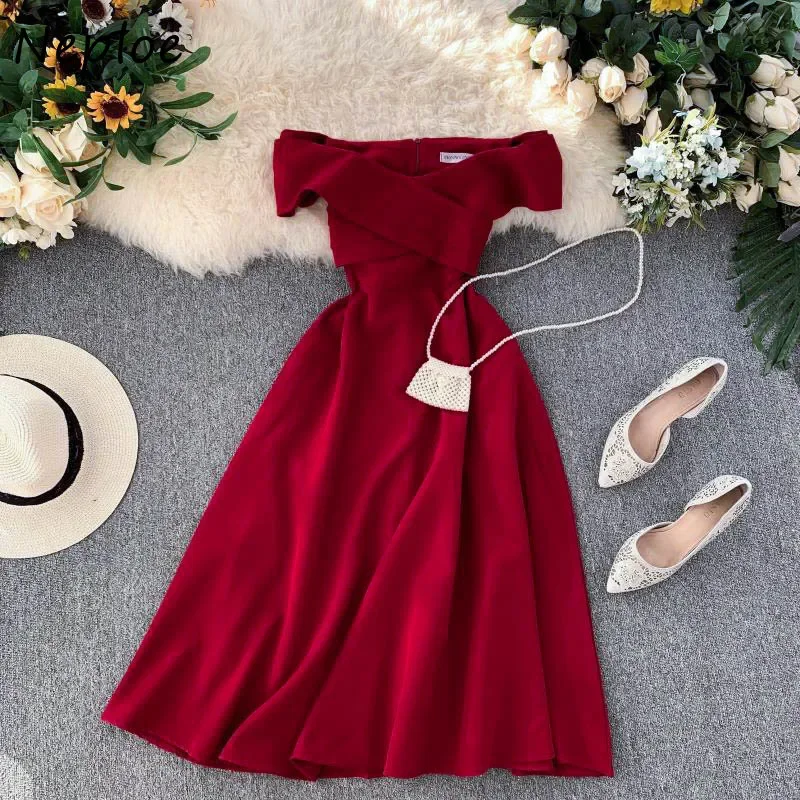 Neploe Banquet Fashion Ladies Temperament Dresses Women Cross-shoulder A-line Slash Neck Vestidos Femme Knee-length Woman Dress