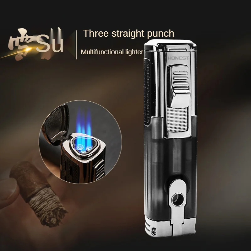 Baicheng metal inflatable three straight cigar lighter flamethrower boutique blue fire multi-function lighter（NO GAS）