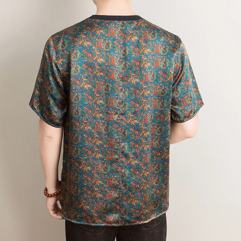 Lightweight Real Silk 100% T Shirt For Men Short Sleeve Loose Fit Summer Quality Satin Coolness Print Casual Camisetas De Hombre