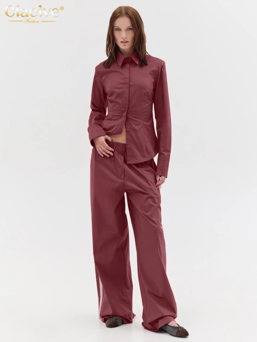 

Clacive Fashion Loose Red Women's Two Pieces Set 2025 Elegant Long Sleeve Shirt With High Waist Wide Pants Set Female Streetwear