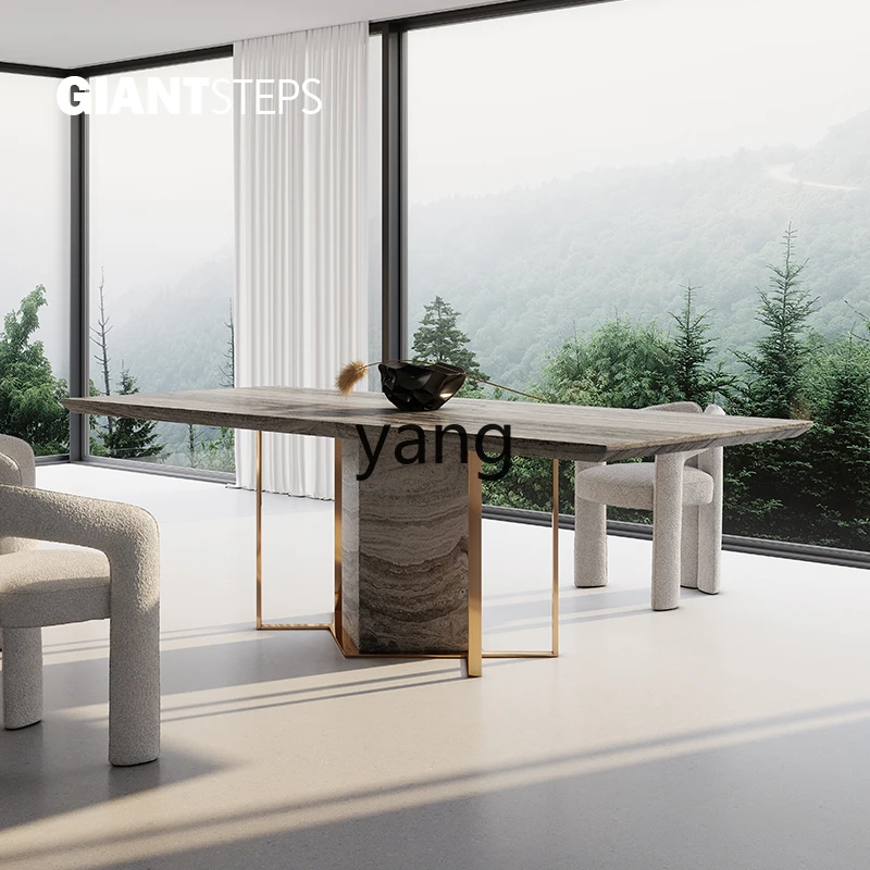 ZL marble long dining table Italian light luxury high-end villa restaurant natural travertine dining table