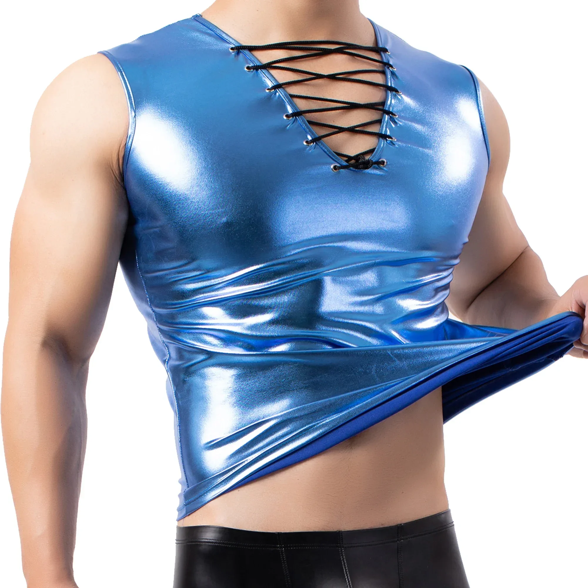 Sexy Men Tank Top Shiny Faux Leather V-neck Lace-up Tank Top Slim Sleeveless Tight Shirts Vest Metallic Nightclub Stage Clubwear