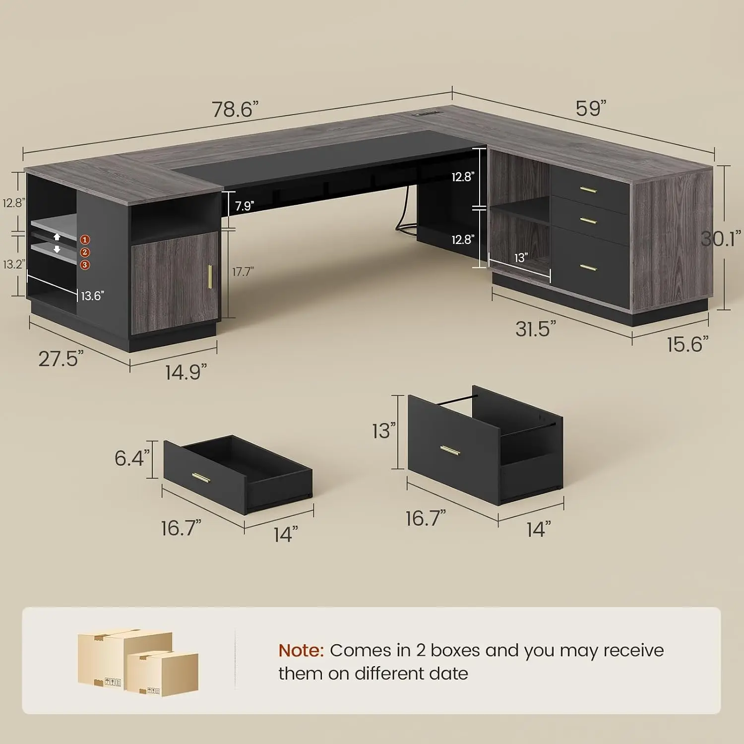 L Shaped Executive Desk With File Cabinet Drawers Power Outlets Storage Shelves Corner Workstation 78.7