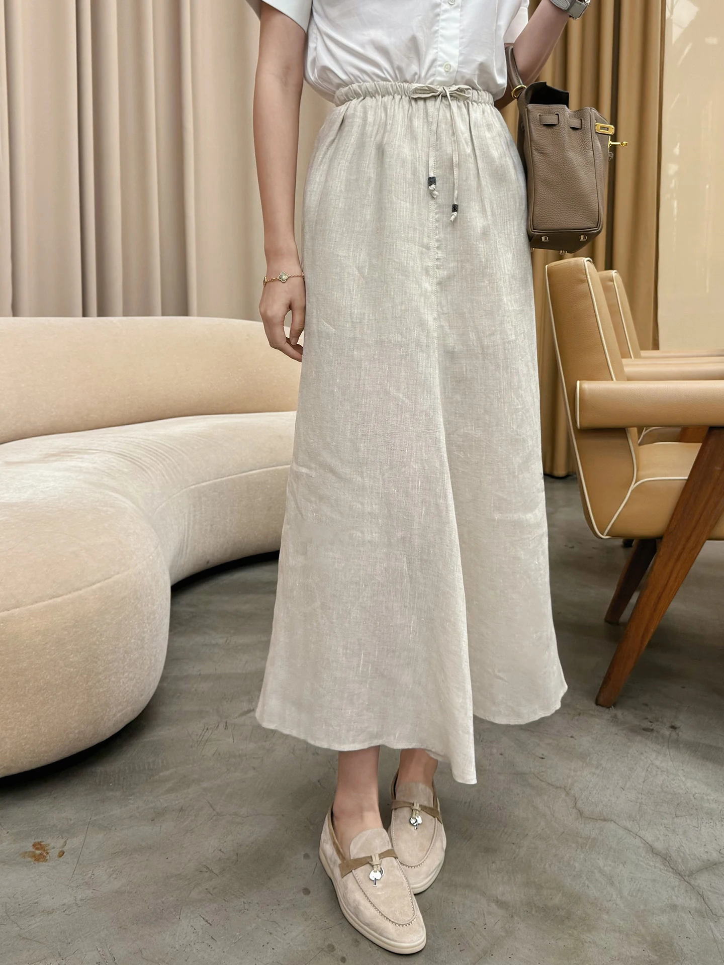 

Летняя новинка Linyei: повседневная универсальная льняная юбка с эластичным поясом и завязками, женская юбка А-силуэта с высокой талией