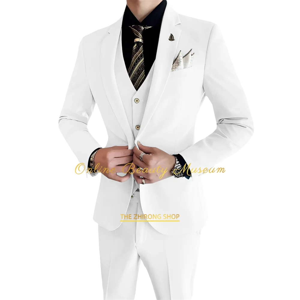 Men's White Wedding Suit (Coat + Jacket + Pants 3 Piece Suit) - Formal Event Wear for Any Occasion - Custom Fitted Simple Style