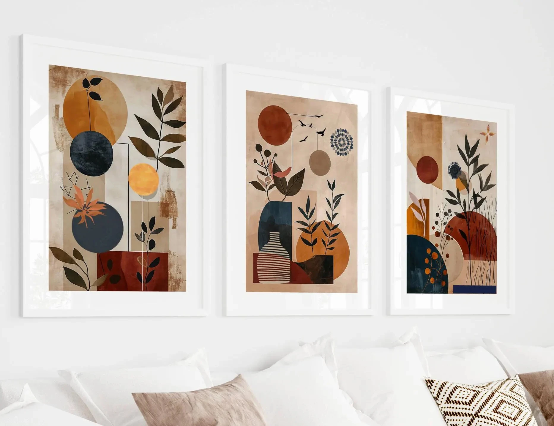 frameless Canvas Painting Boho Mid-Century Botanical Canvas Wall Art Set, Abstract Geometric Vase Prints, Minimalist Living Roo
