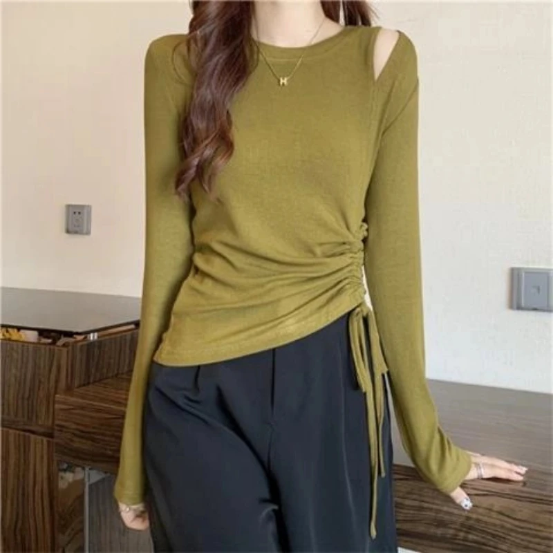 

Off Shoulder Hollow Out Drawstring Trend Tops Women Clothing Spring Autumn New Long Sleeve Slim Korean T Shirts Fashion Casual