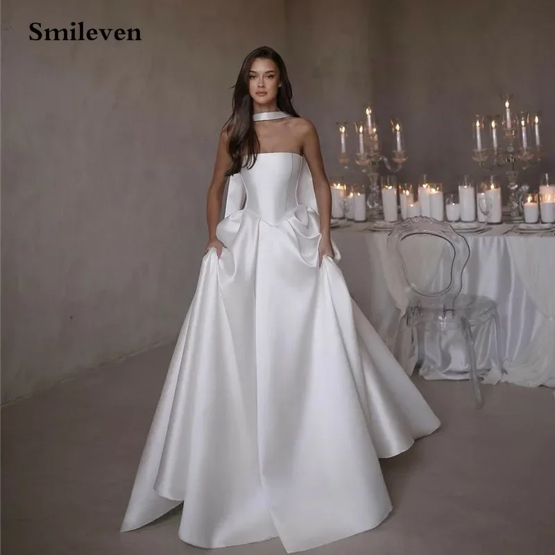 Smileven 2025 branco a linha vestido de casamento de cetim sem alças vestido de noiva com bolsos personalizáveis vestido de novia