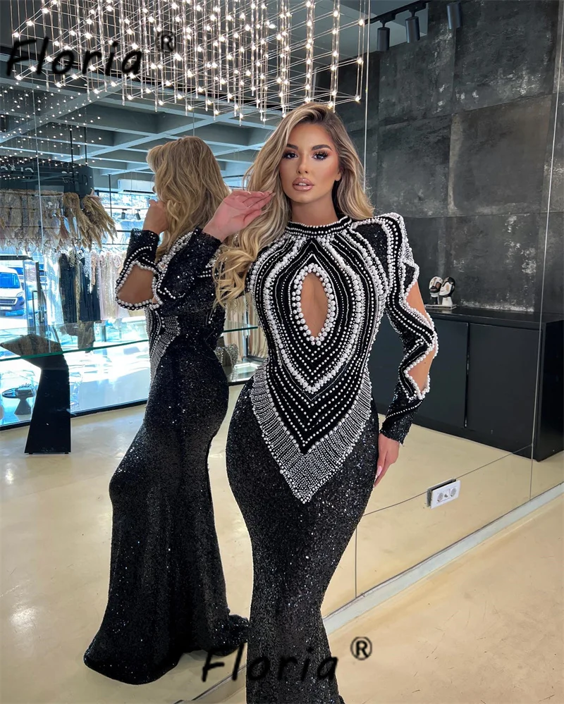 Black Heavy Beaded Handmade Evening Dress Mermaid Long Sleeve White Pearls African Woman Formal Occasion Dresses Robe de Soiree