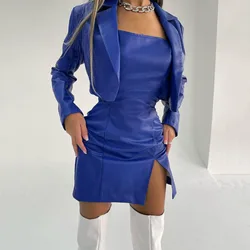 Luxury PU Leather Bodycon Dresses + Long Sleeve Short Jacket Coat Sexy Night Club Outfit Dress Elegant sets for women 2 pieces