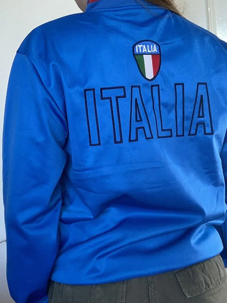 Aesthetics 2000s Women\'s Autumn Italian Flag Blue Large Sweatshirt Y2kStreet Trend Long Sleeve Zipper Vintage Sweatshirt