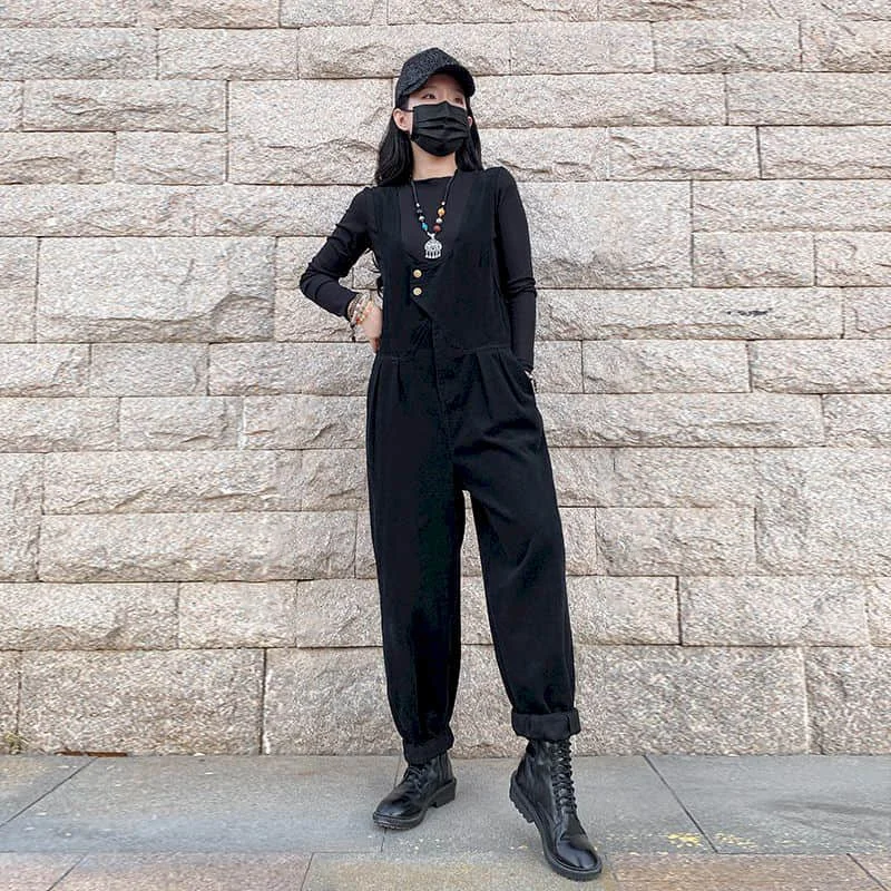 Solid Jumpsuits for Women Korean Style Rompers Casual Vintage Playsuits Straight Pants Workwear Women Clothes Overalls for Women