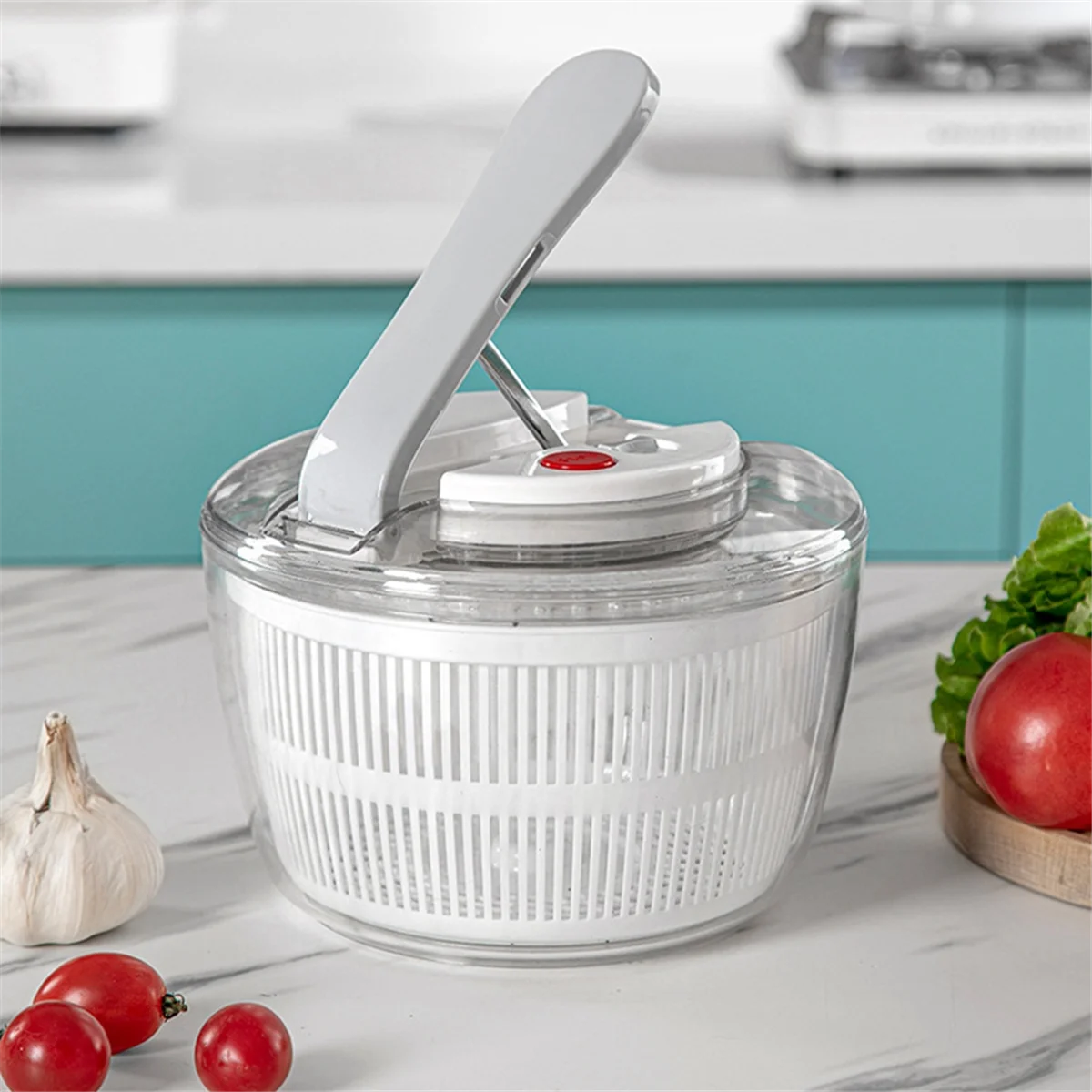 Salad Spinner Manual Lettuce Spinner for Vegetable Prepping, 1-Handed Pump Fruit Spinner Dryer Fruit Washer-White-T33C