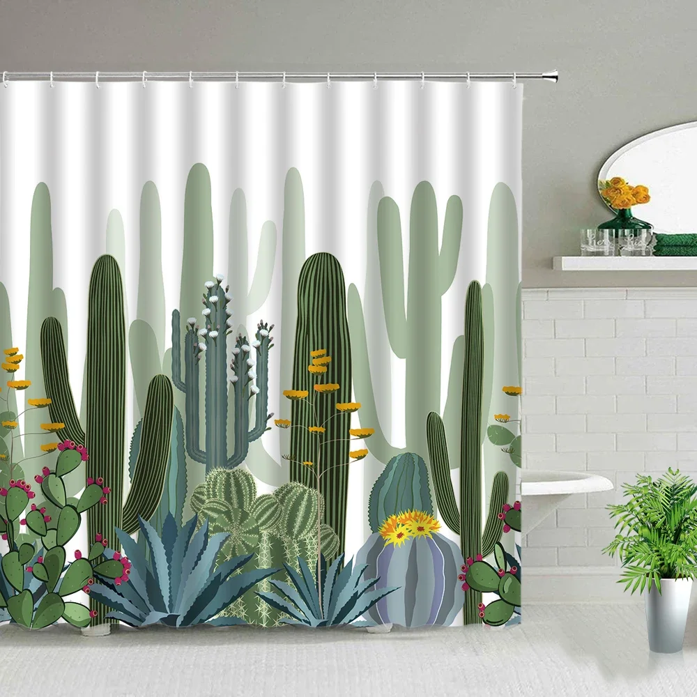 Hand Painted Black And White Tropical Plant Cactus Flower Shower Curtain Bathroom Decor Screen Waterproof Bath Curtain With Hook