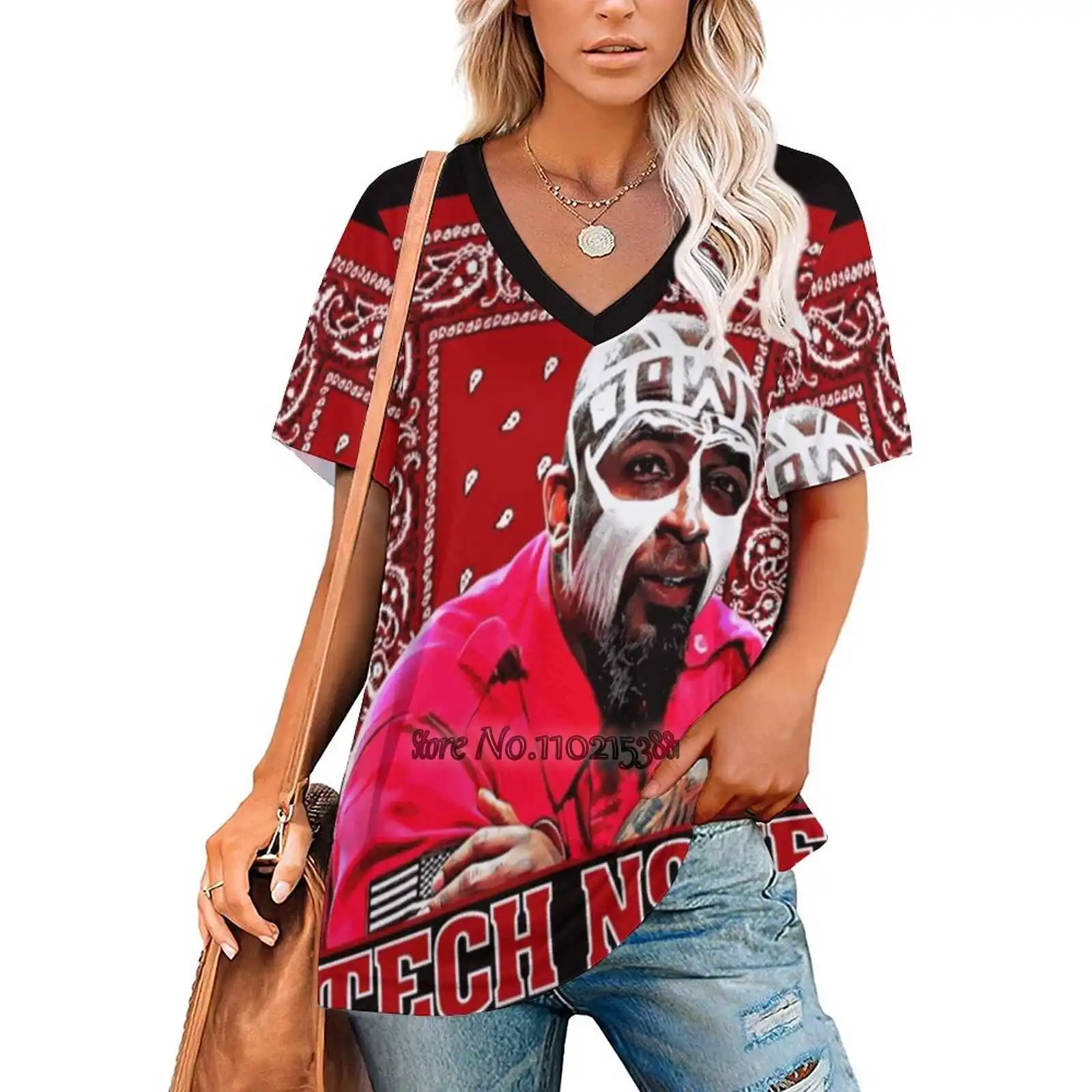 Tech Nueve Rode Bandana Sexy T-shirt Casual Tops Een Schouder Vetersluiting T Shirts Koreaanse T-shirts Rap Muziek Hip Hop N9Ne hiphop Tech