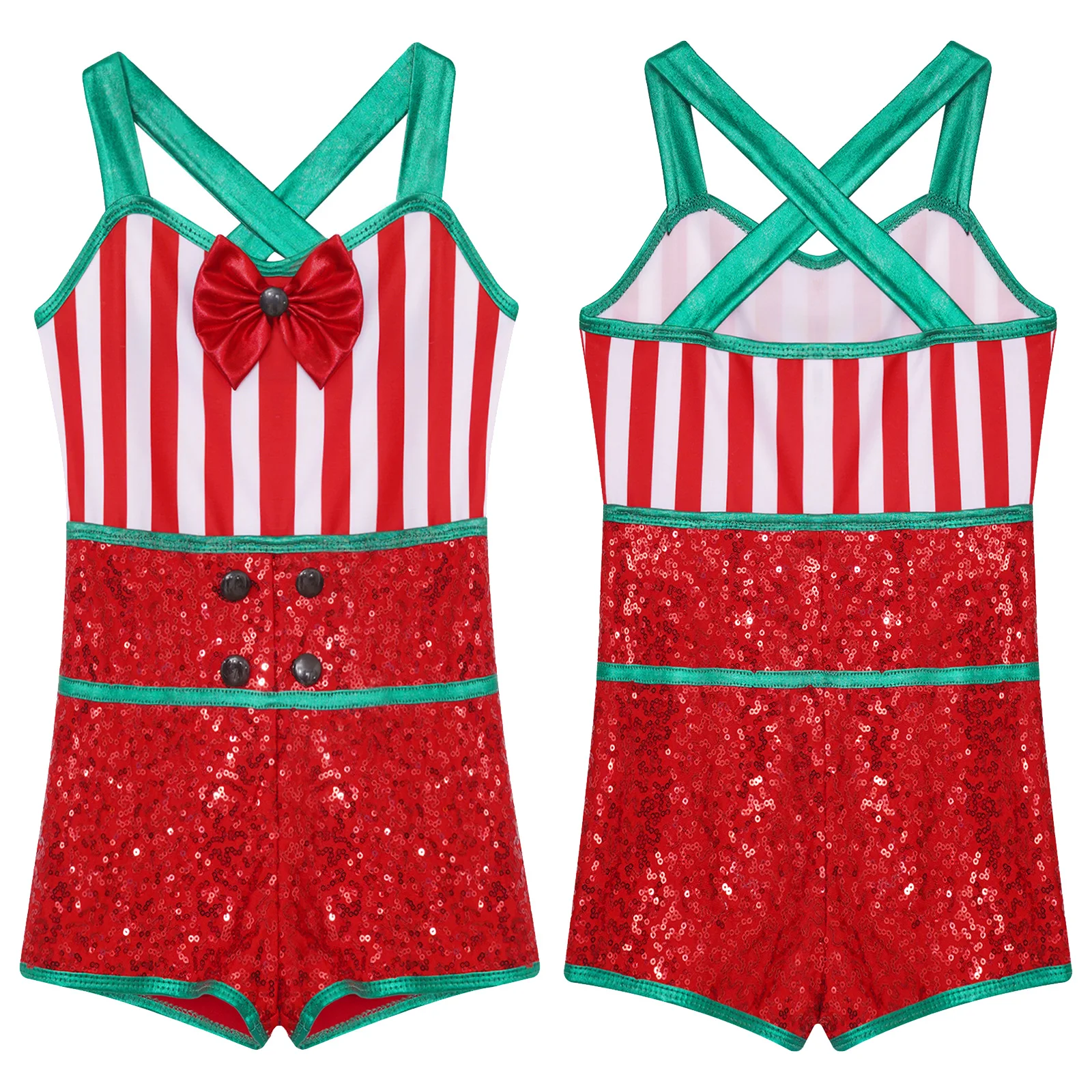 Kerst Candy Cane-kostuum voor kinderen, mouwloos, gestreept, pailletten, strik, unitard, jumpsuit, toneeldansvoorstelling, kostuum