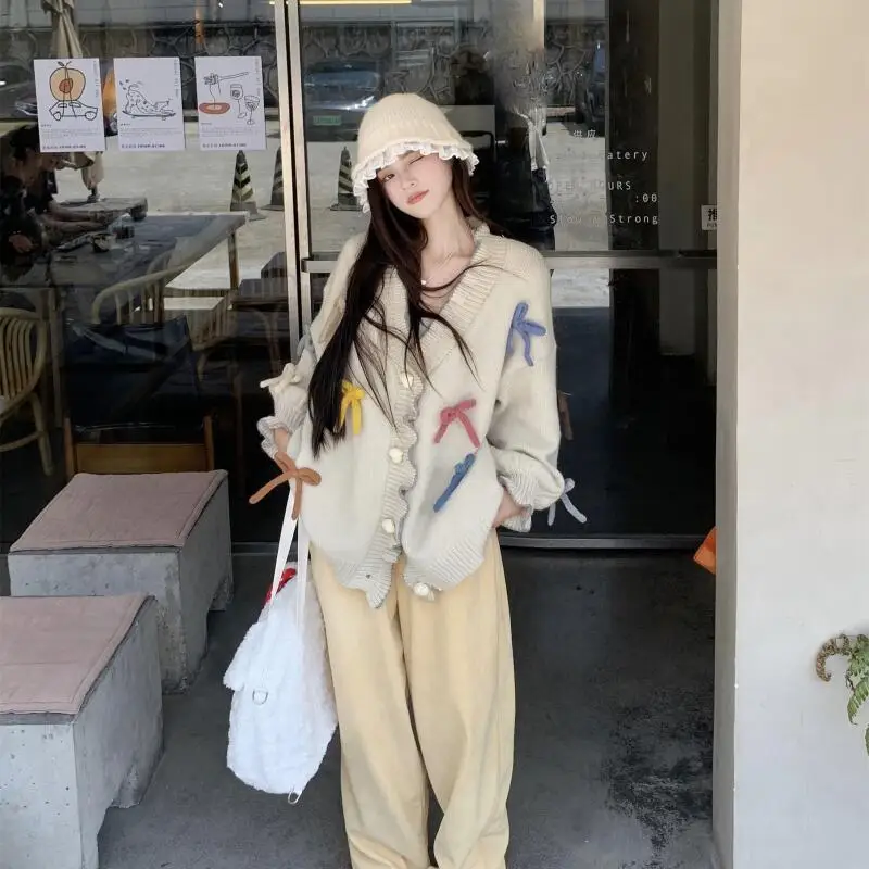 

Spring and Autumn Cardigan New Commuter Gentle Sweet Bow Love Lace Sweater for Office Workers Student Cardigan Knitted Cardigan