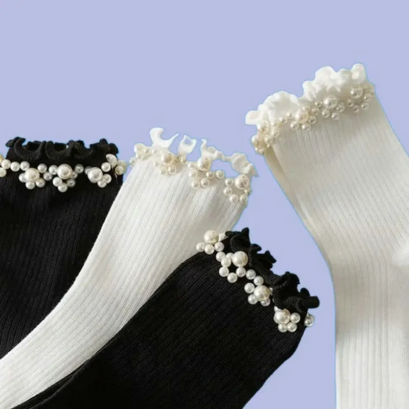 Chaussettes en dentelle respirante absorbant la sueur pour femmes, chaussettes fines avec perles, champignon, printemps et automne, été 5/10, nouveau, 2024 paires