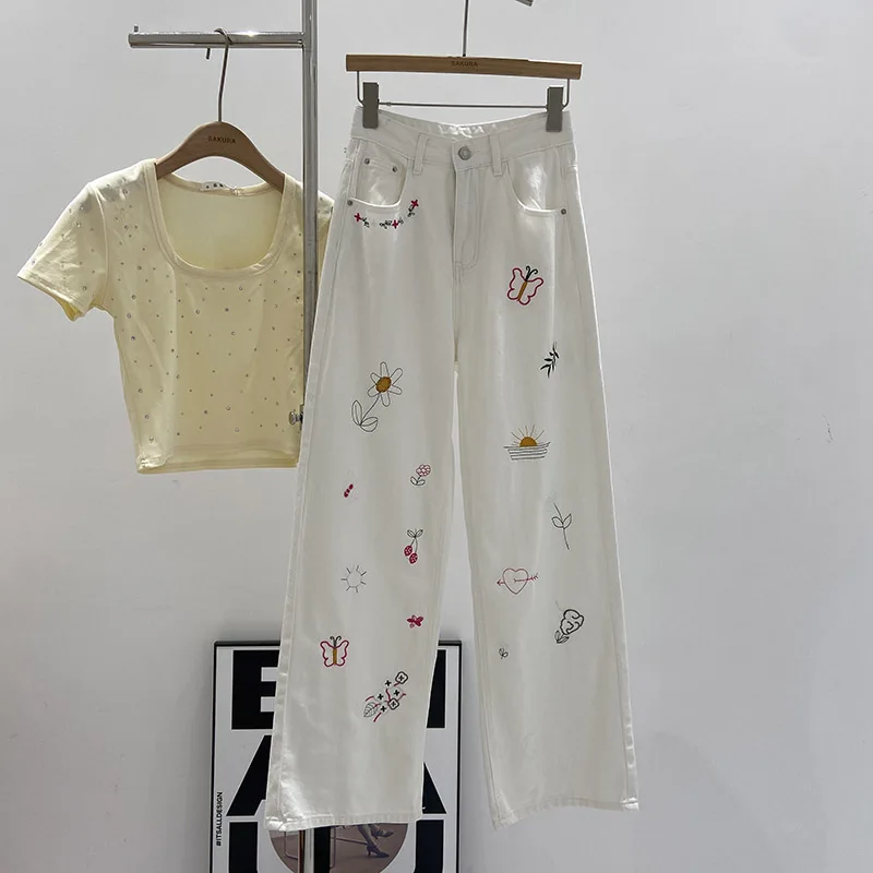 Fun Embroidered White Jeans Women's Casual Versatile Straight Leg High Waist Long Pants Spring Summer New Style Korean Version
