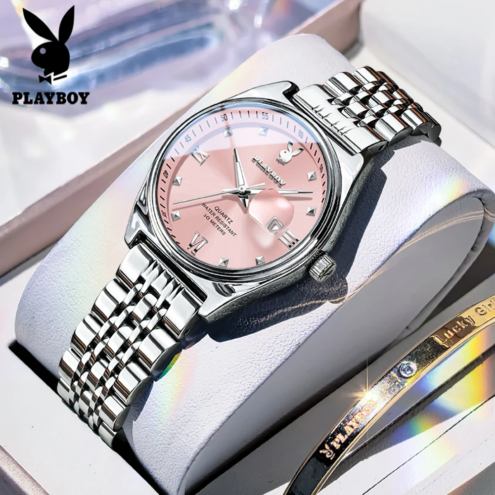 PLAYBOY 3556 Fashion Brand Quartz Movement Watch For Women Roman Digtial Steel Strap 30m Waterproof Luminous Display Watch
