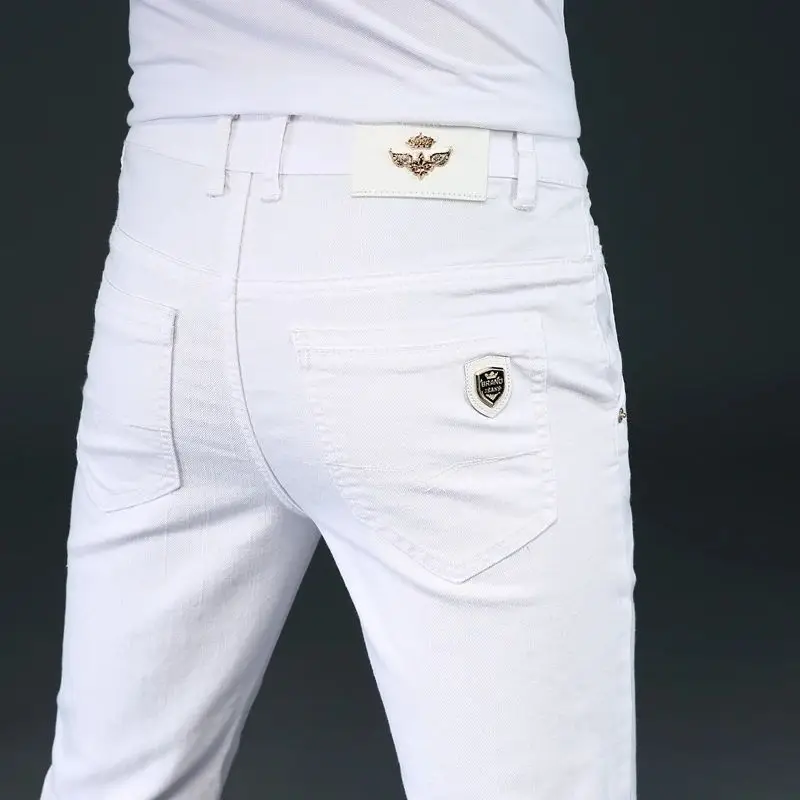 

New 2023 Men's White Slim Jeans Advanced Stretch Ski 7 Sles Five-Quarter Length Men's Denim Pants Autumn Season