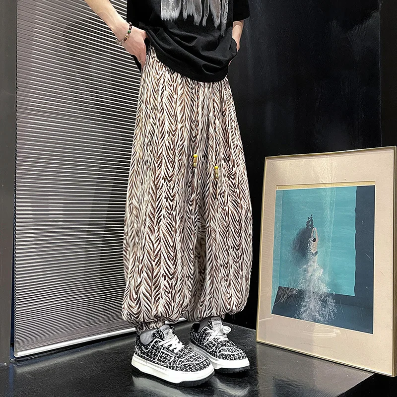 

Chinese Style Ice Silk Men's Summer Thin Printed Design Wide Leg Loose Lantern Casual Long Pants Men Comfortable Ankle-Length