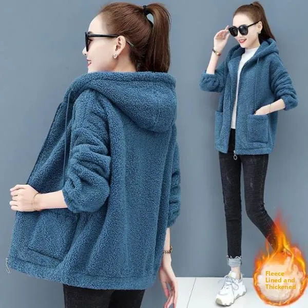

Ladies Thickened Fleece Jacket with Hat Casual Long Sleeve Hoodie Coat Warm Cozy Spring Autumn Fashion Outerwear