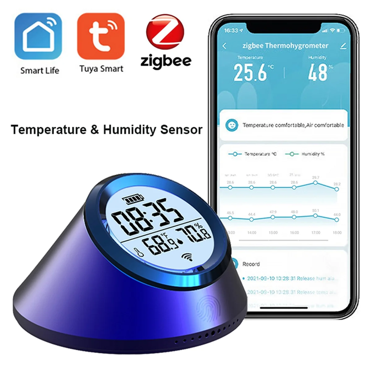 Tuya Zigbee 스마트 온도 습도 센서 시계, LCD 디스플레이, 가정용 실내 온도계, 스마트 라이프-A